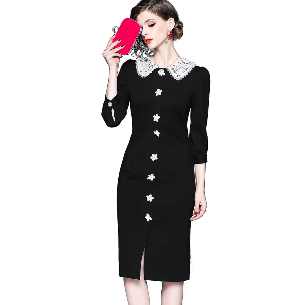 
Wholesale Women Spring New Fashion Three Quarter Sleeve Peter Pan Collar Pearls Beaded Lace Decoration Long Black Pencil Dress 