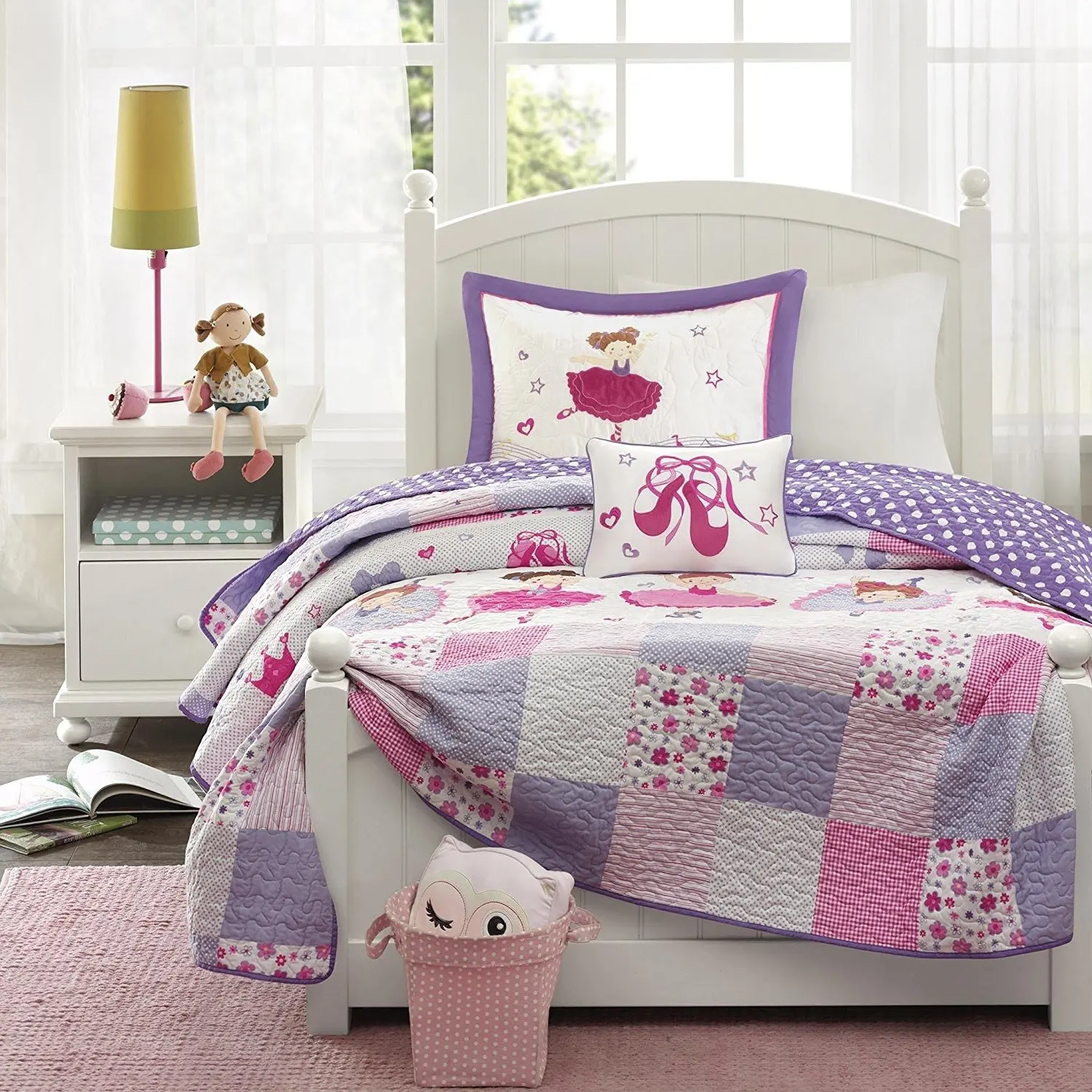 OSK 4 Piece Multi Color Kids Ballerina Patchwork Full Queen Size Coverlet, Pink Purple Square Flora Pattern, Flowers Patch Work, White Stripes Dancsing Music Theme Polyester
