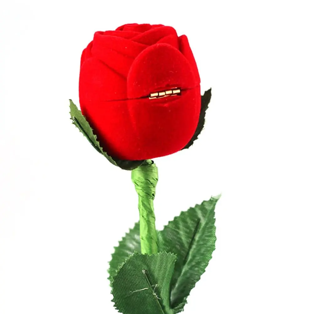 Foxnovo Novelty Romantic Red Rose Flower Shaped Velvet Jewelry Engagement Ring Gift Box Case
