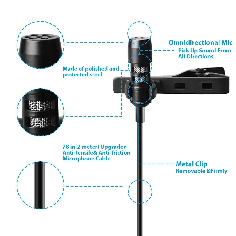 High Quality 3.5mm Single Head Condenser Lavalier Lapel Microphone