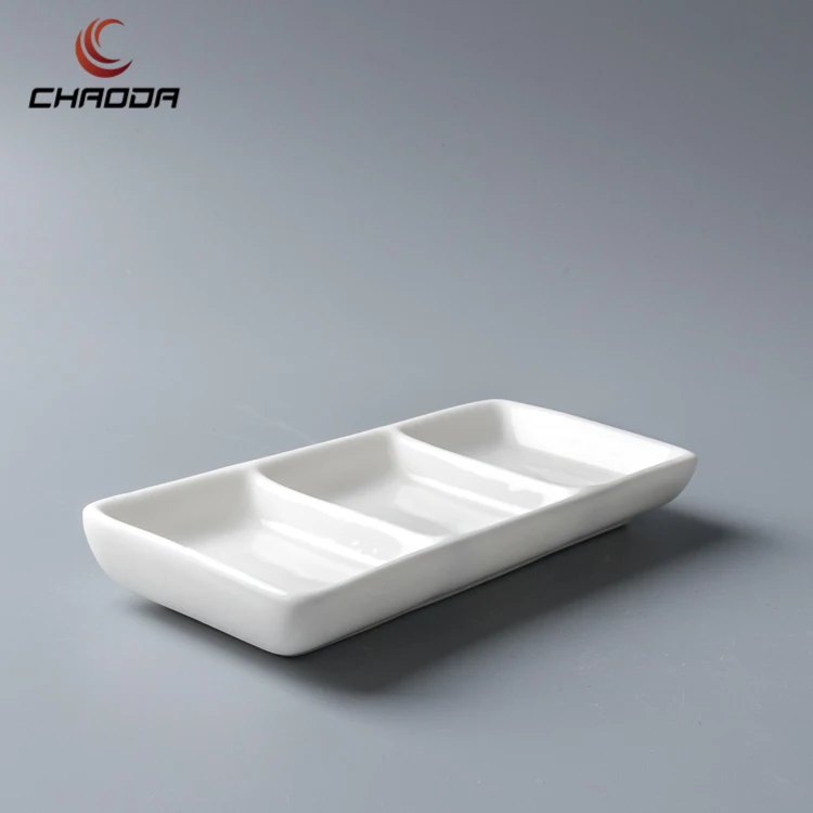 6 Inch Rectangle Sauce Plate Restaurant Three Grid Sauce Saucer 3 Divided Soy Plates Divide Soy