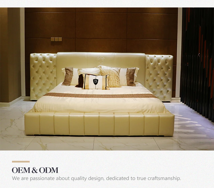 High Back Wood Frame Double Bed Designs King Size Space Saving Leather