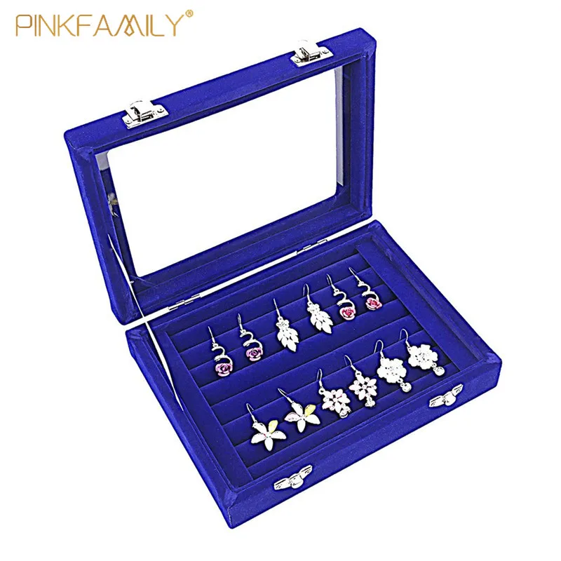 Portable Blue Velvet Ring Storage Tray Earring Display Box Jewelry Holder Case Organizer with Glass Cover