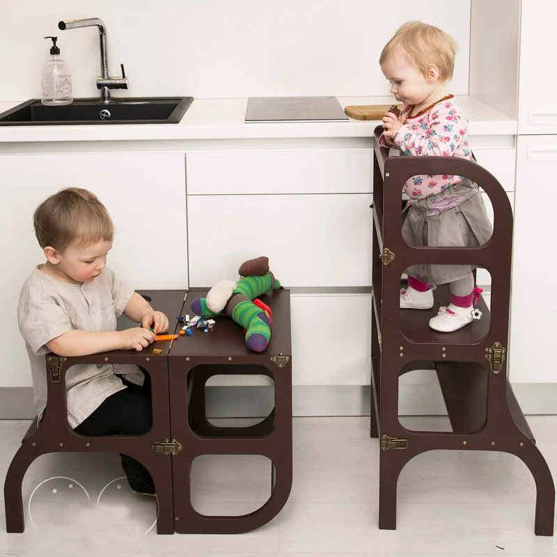 Kids Step Stool Learning Tower Stool Toddler Kitchen Helper Bamboo Safety Desk 