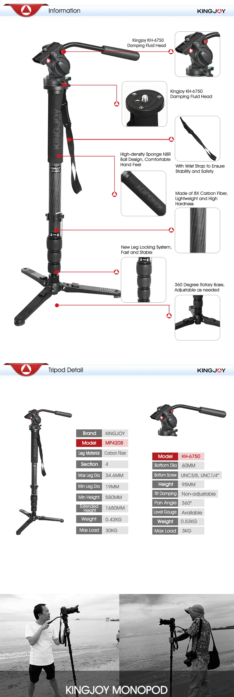 Carbon Fiber Foldable All In One Monopod With Pan Head Also Ball Head