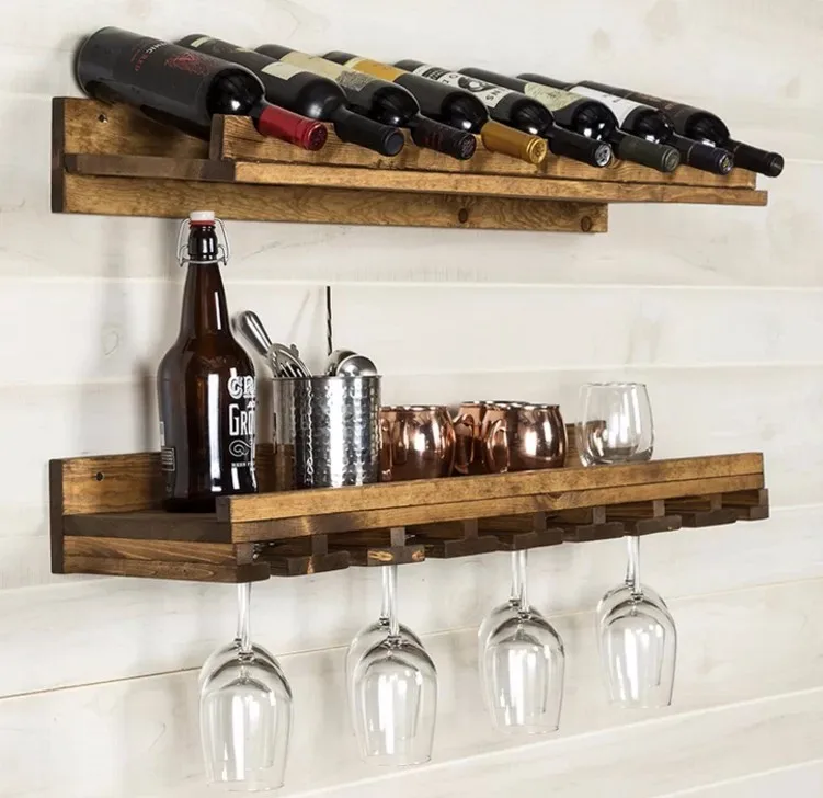 MyGift montado en la pared estante de exhibición soporte de botella de vino rack color marrón rústico de licor 