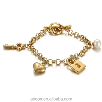 Yiwu Aceon Stainless Steel Locket Heart Key Charms Gold Bracelet With A Cute S Yiwu Aceon Stainless Steel Locket Heart Key Charms Gold Bracelet With A Cute S