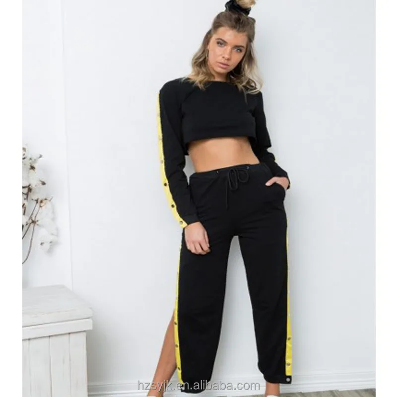 Commande en gros de mode femmes pantalons Fendus sportswear femmes survêtement de sport noir avec jaune