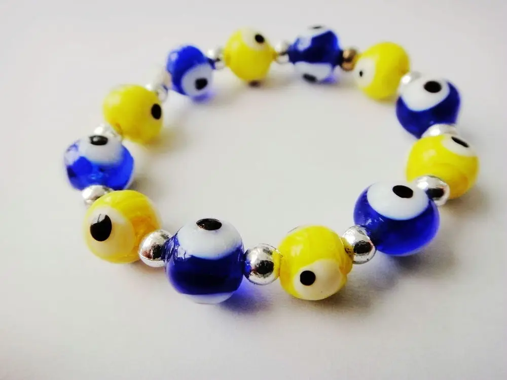 Yellow and Blue Colored Glass Lampwork Bead Bracelet