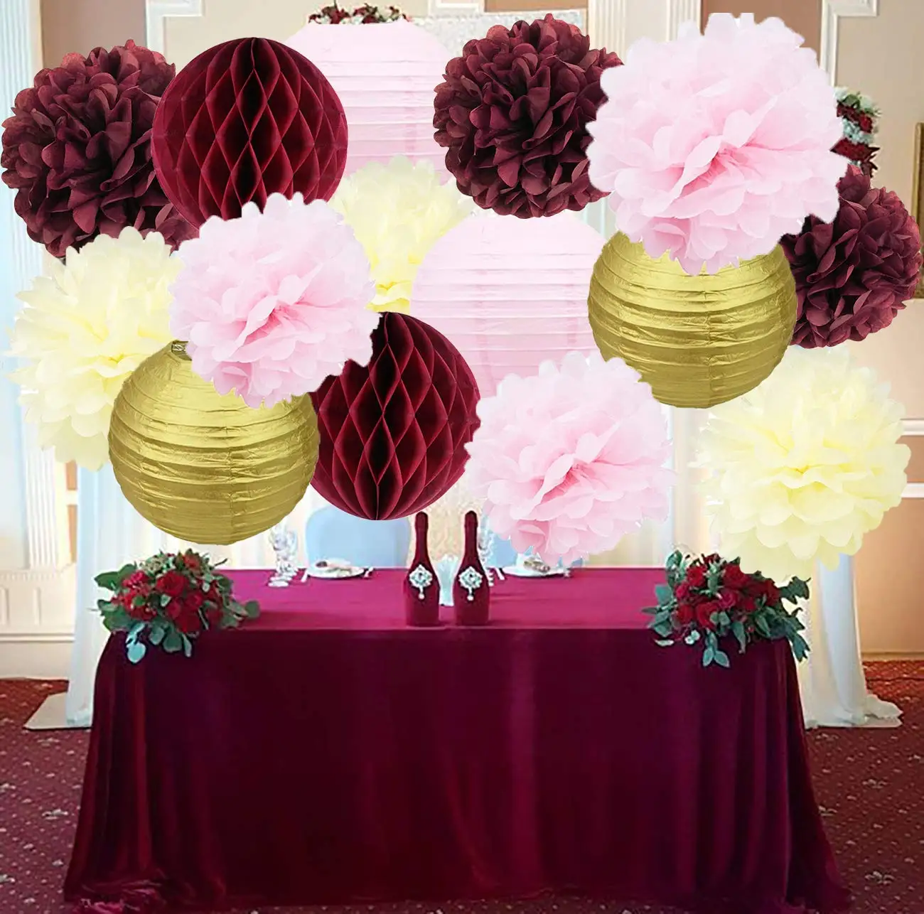 Qians Party Bridal Shower Decorations Burgundy Pink White Silver Wedding Decorations Tissue Paper Pom Pom Tassel Garland Burgundy Pink Birthday Party Decorations//Bachelorette Party Decorations Qian/'s Party