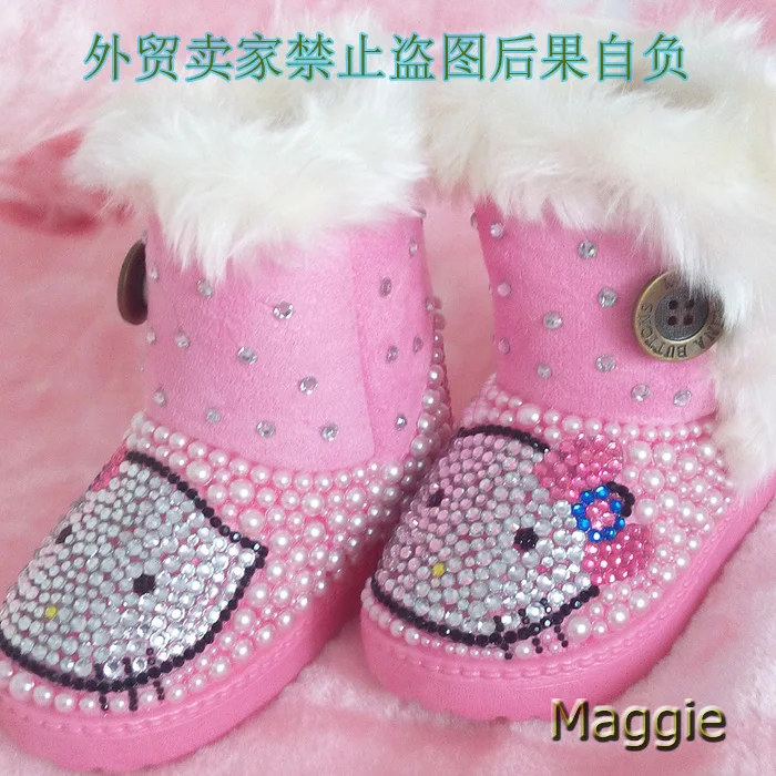 Free shipping Children rhinestone pearl girl s bling shoes snow boots handmade cartoon fashion snow boots