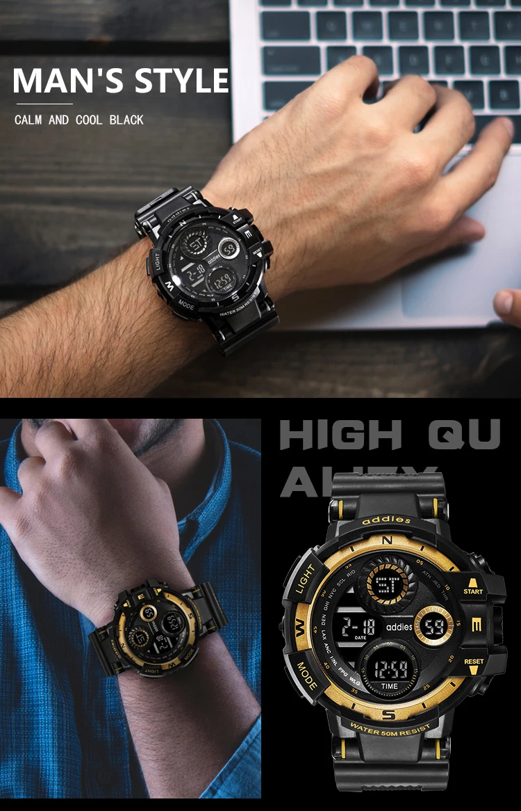 Addies 50M Waterproof LED Alarm Backlight Super Cool Watch Men Digital Sports Military Watch