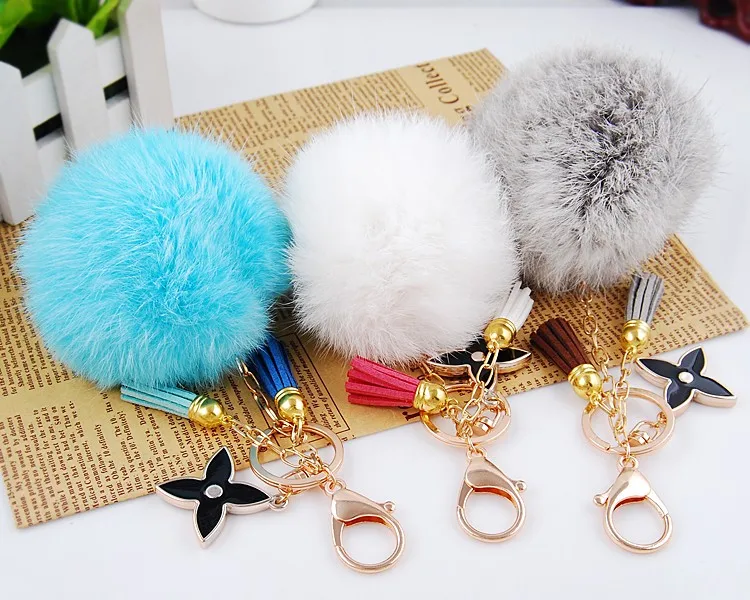 Genuine Rabbit Fur Pom Poms Keychain With Four Leaf Clover And Leather ...