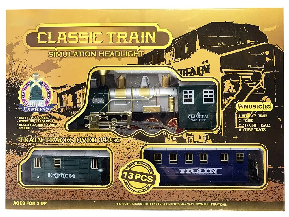 Classic Train Set For Kids With Smoke,Realistic Sounds,3 Cars And 11