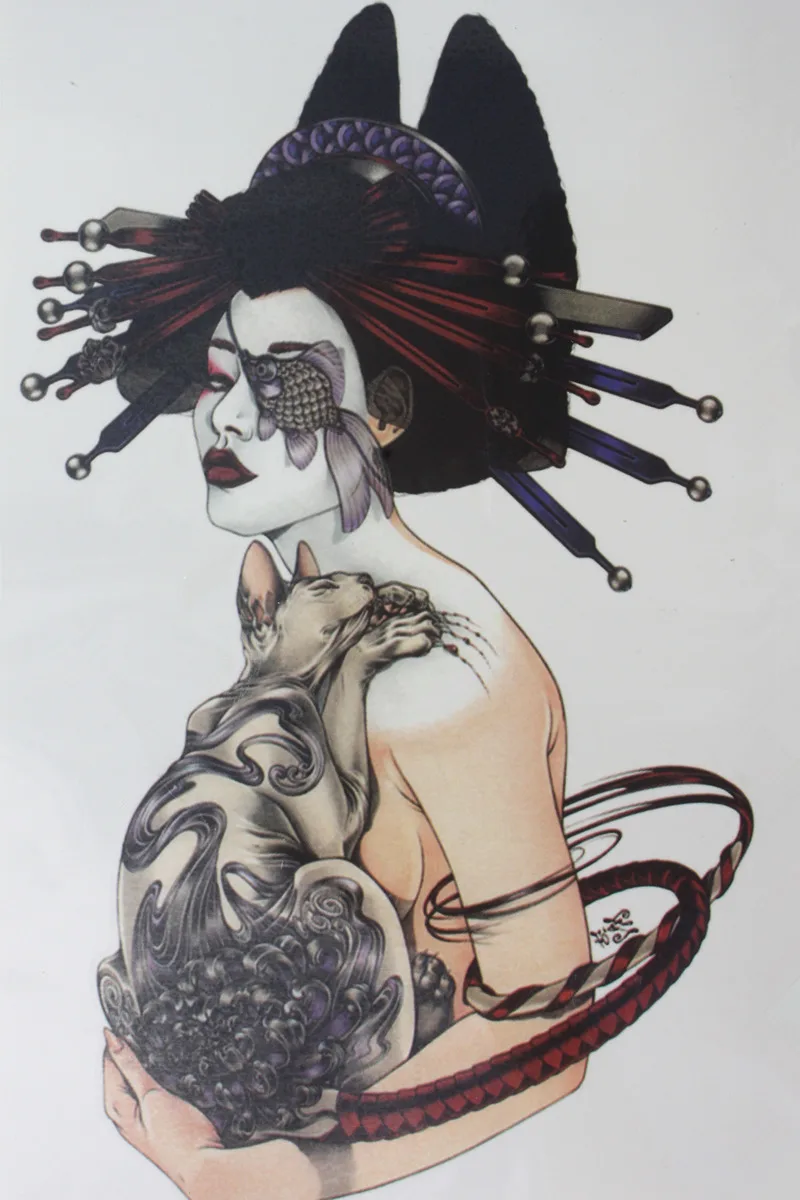 Dancing girl hold a cat Size 22 x 12cm Brand New Body Art tatoo Temporary Tattoo