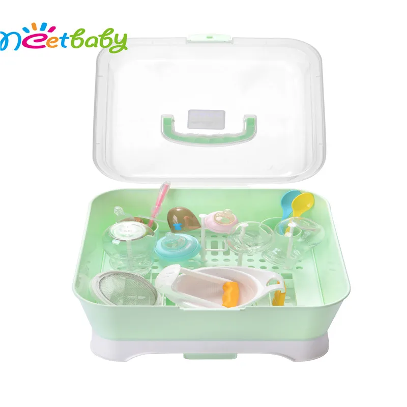 Range-Biberons Vert Avec Couvercle Anti-Poussière Pivotant – Grande Boîte De Rangement & Égouttoir Bébé, Porte-Tétines Amovible, Plateau Égouttage, Idéal Cuisine & Voyage