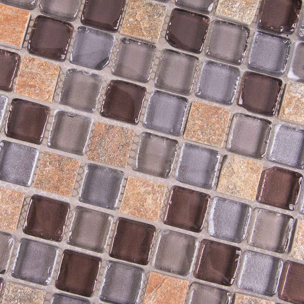 Polished mixed color square glass and stone granite tile wall decorative