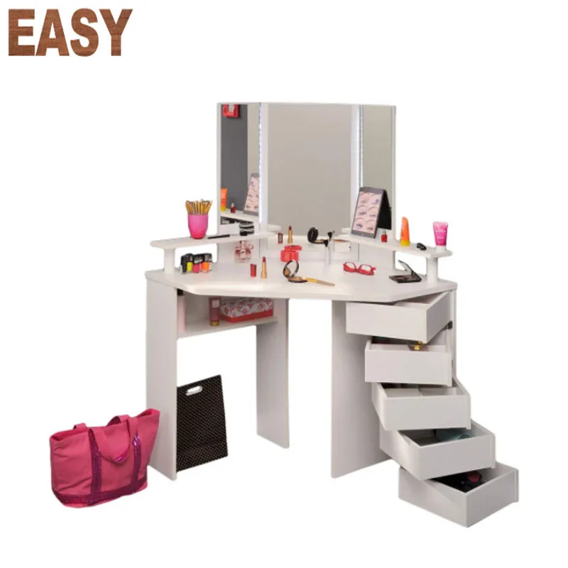 Corner Dressing Table Mirror Set Wooden Vanity 5 Drawers Makeup