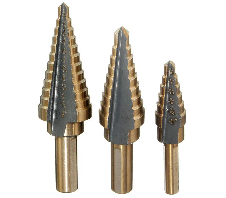 3Pcs Inch 3 Flats Shank Straight Flute Golden Black Color  HSS Step Drill Bit Set for Metal Sheet Multiple Hole  Drilling
