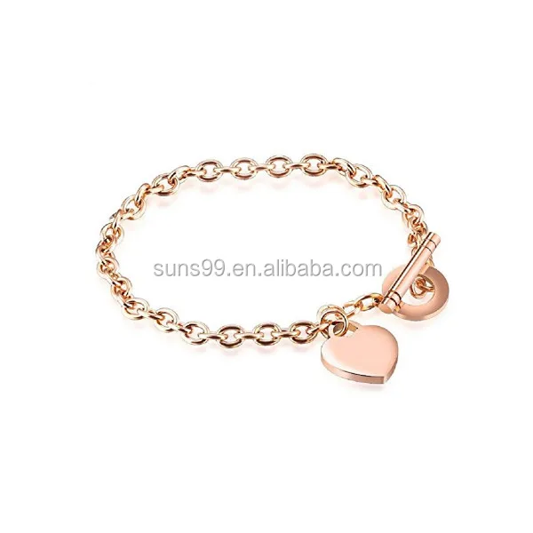 Personalized Engraving Women's Stainless Steel Rose Gold Tone Heart Charms Rolo Chain Bracelet With Name
