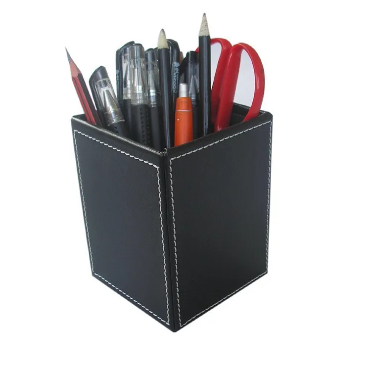 Wooden Struction PU Leather Square Pens Pencils Holder Desk Organizer Office Supplies Organizer Stationery Desk Accessories Container Box,Black Tofun Official NA