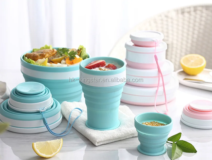 portable space saver foldable silicone bowl set with cover