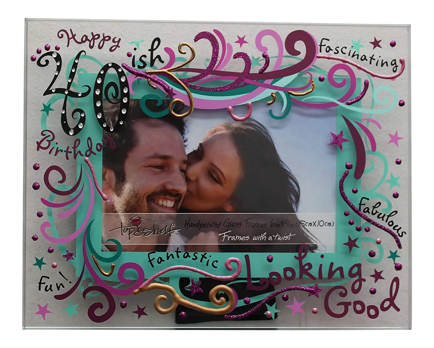 Top Shelf 40th Birthday Picture Frame – Happy 40ish Hand Painted 6 x 4 Glass Picture Frame – Glass Frameless Picture Frame for Birthday