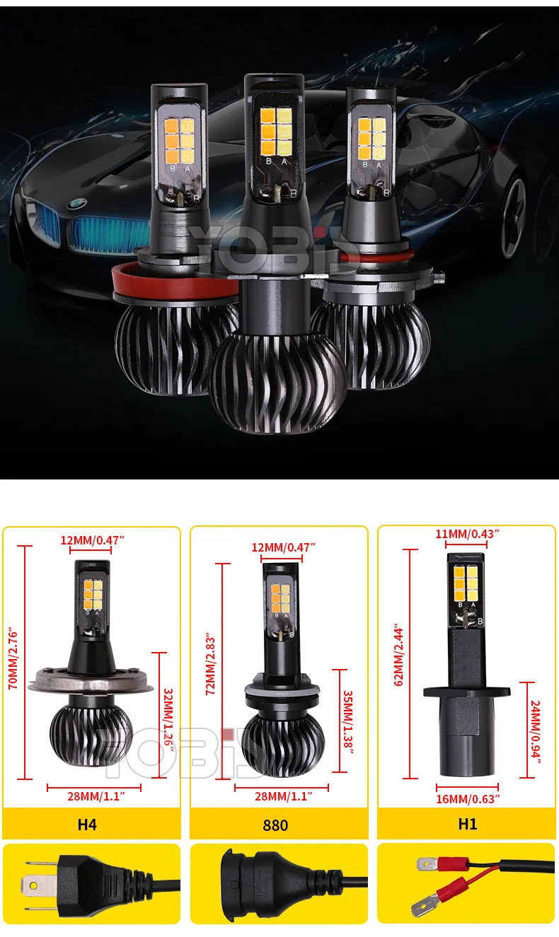 Auto H4 Led Fog Lights Lamps Replacement Dual Color In 1 (6000k/3000k