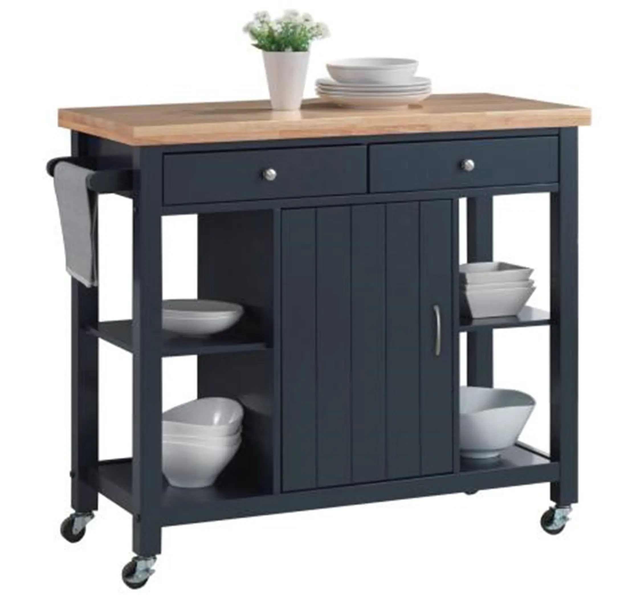 Oliver and Smith - Nashville Collection - Large Mobile Kitchen Island Cart on Wheels - Navy Blue - Natural Butcher Block Top - 41" W x 19" L x 36" H 102907-01blue