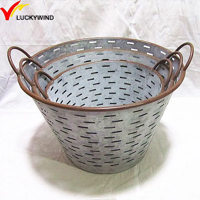 Rustic Galvanized Zinc Metal Vintage Olive Basket Buckets For Sale