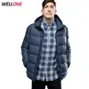 Wellone winter warm goose down filling puff padded blue polyester men custom quilted hooded thinsulate jacket