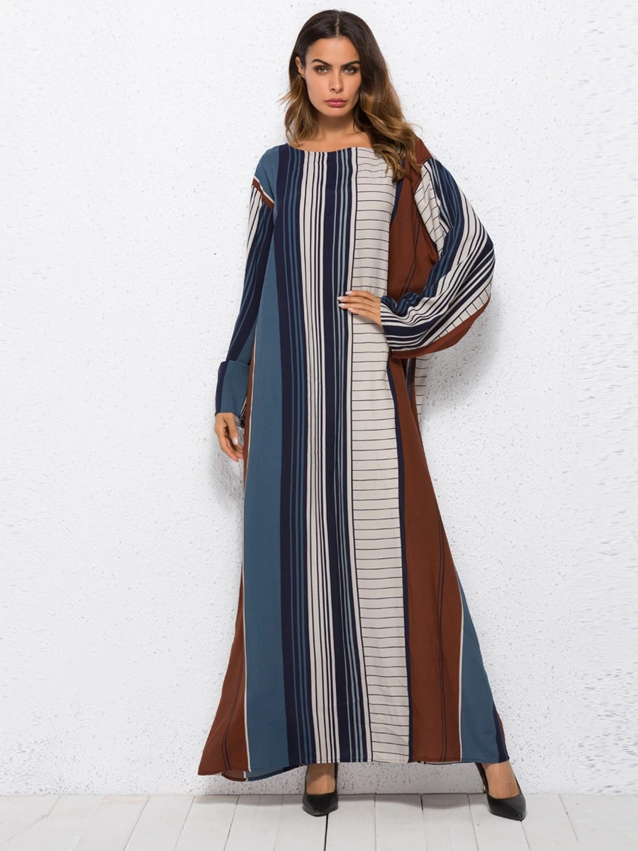 A3402 Stripe Muslim Abaya Kaftan Loose Bat Sleeve Dubai Casual Women Robe Islamic Maxi Long