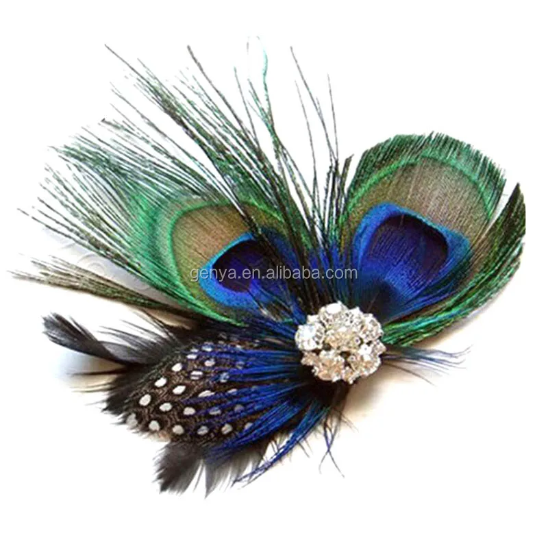 Turquoise Blue Peacock Feather Fascinator Hair Clip Silver Vtg 1920s White 151 