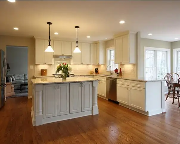 Traditional North American solid wood kitchen cabinets with hand carved Roman columns and modern LED lights