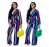 Printed Strip V Neck Full Sleeve Wide leg Fashion Jumpsuit For Women's fitness Spandex Sports Rompers