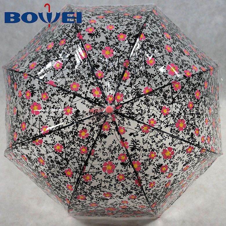 China wholesale apollo poe flower print transparent clear dome shaped umbrella