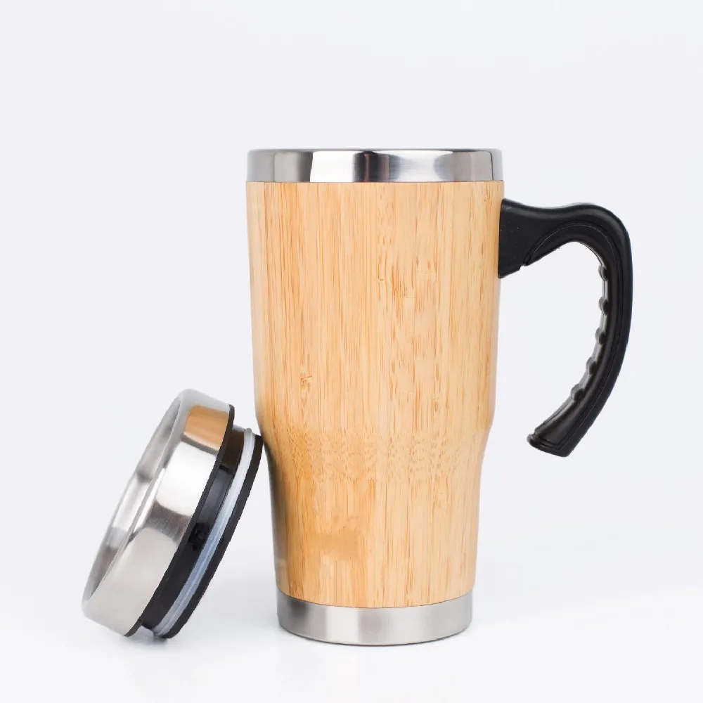 16oz Bamboo Travel Coffee Tumbler With Handle,Bamboo Stainless Steel