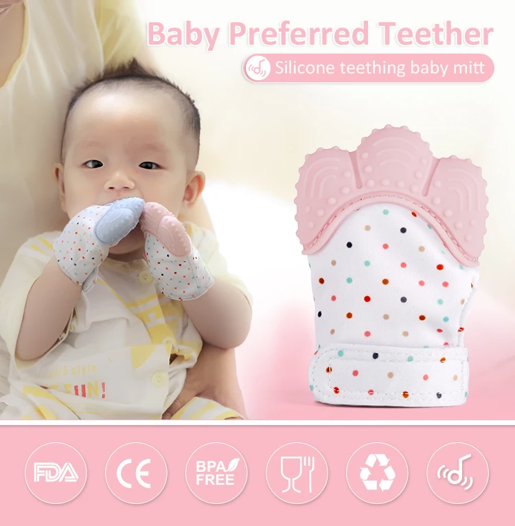 Free sample Silicone Self Soothing Teether Mitt Pain Relief Teeth Toy Glove Infant Baby Teething Mitten silicone teether mitten