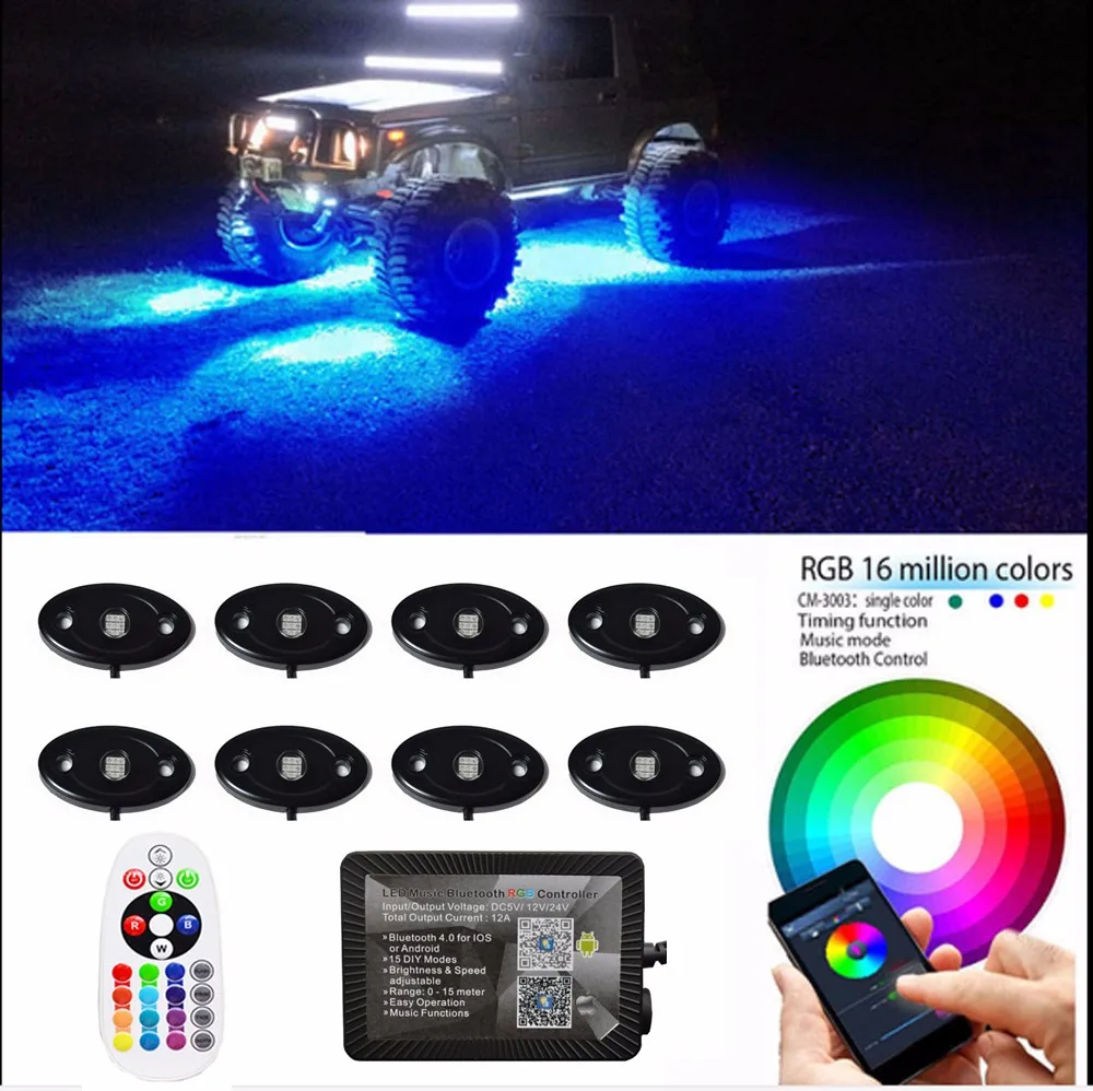 8Pcs RGB lux LED Rock Lights Wireless Blue-tooth Music Flashing Multi Color Offroad