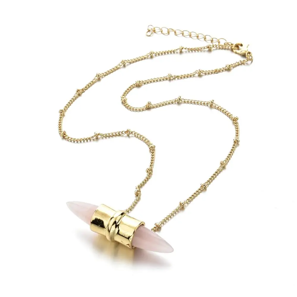 Gold Plated Chain Necklace Natural Stone Rose Quartz Charm Gold Chain