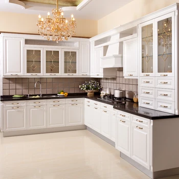 White Golden Glass Door Kitchen Cabinet Black Countertop Buy