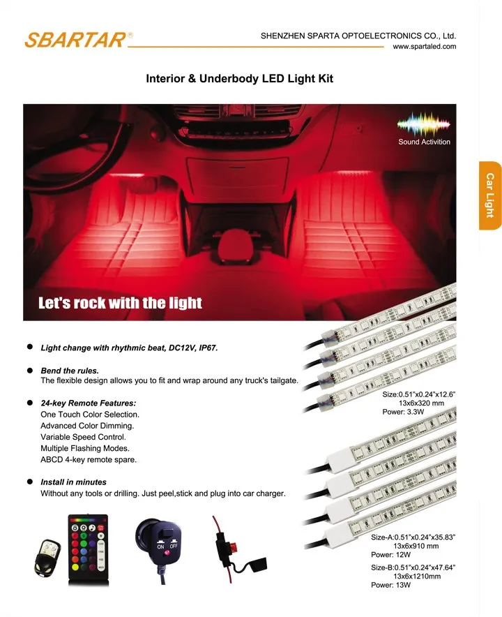 Car Led Strip Light,4pcs 60 Led Dc 12v Multicolor Music Car Interior