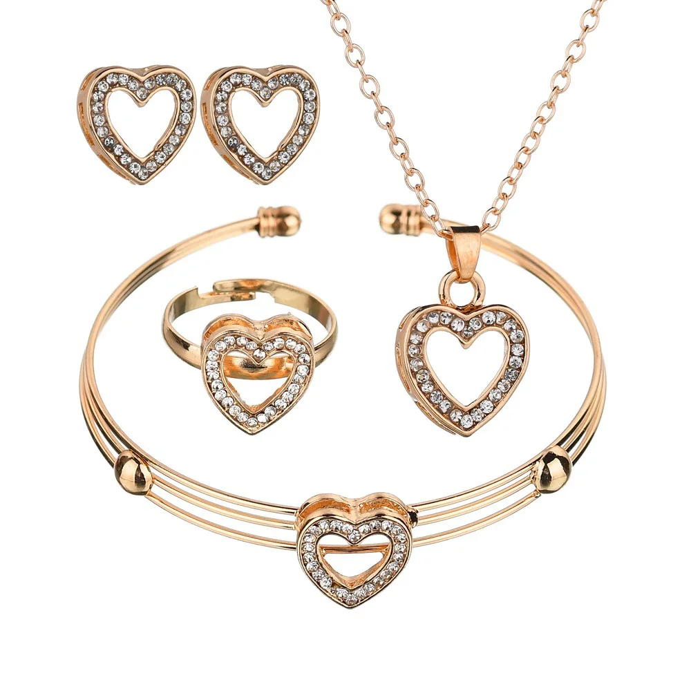 4 Pcs Cute Heart Shaped Necklace Earrings Sets Jewelry Crystal