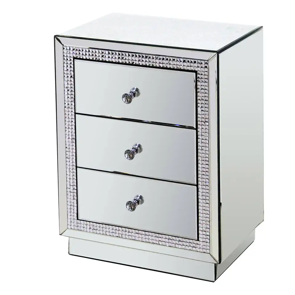Antique Beside Table Silver Mirrored Chest Of Drawers With 3