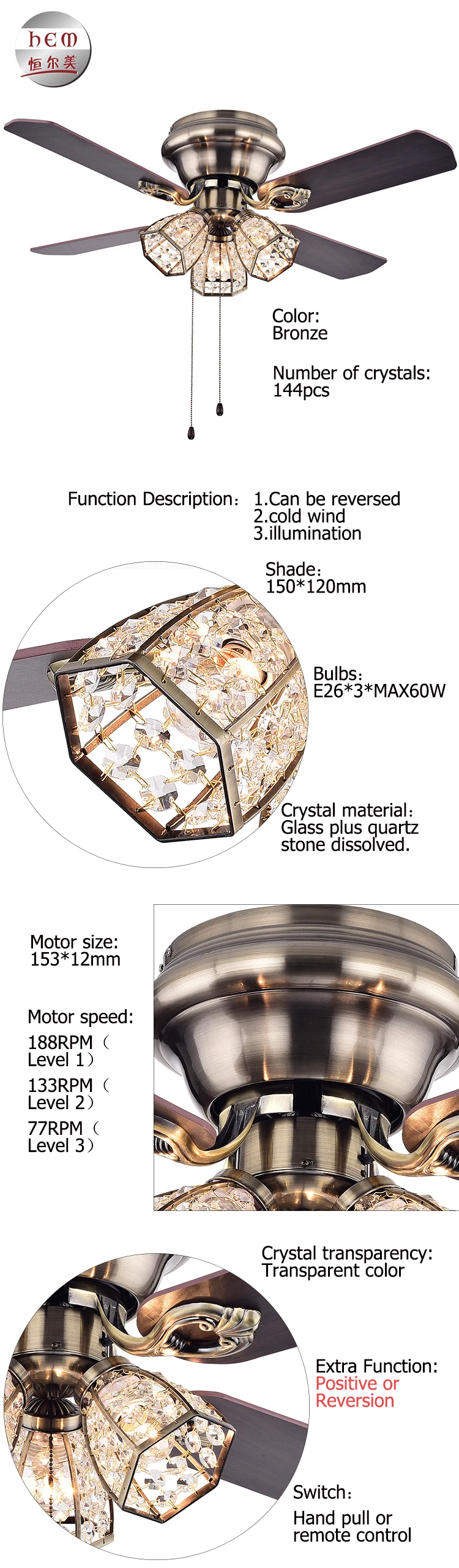 Hand Pull Crystal Ceiling Fan Manufacturer Electric Ceiling Fan With Light