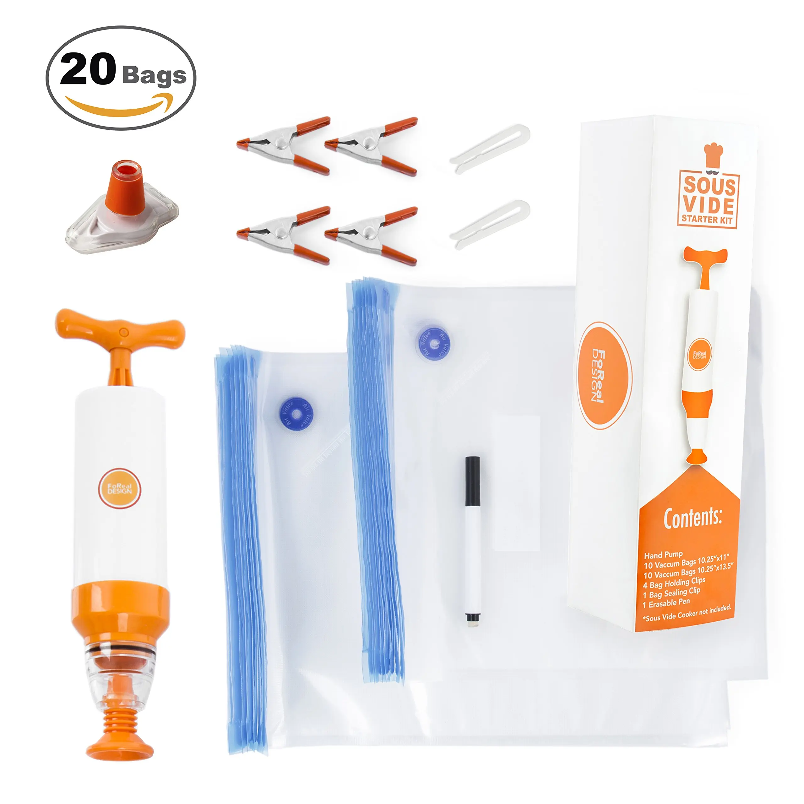 FoReal Design Sous Vide Bags Kit for Anova and Joule - 20 Reusable BPA Free Sous Vide Bags, 1 Hand Pump, 2 Bag Sealing Clips, 4 Sous Vide Clips,1 Erasable Marker,1 Wine Bottle Sealer, & E-Cookbook