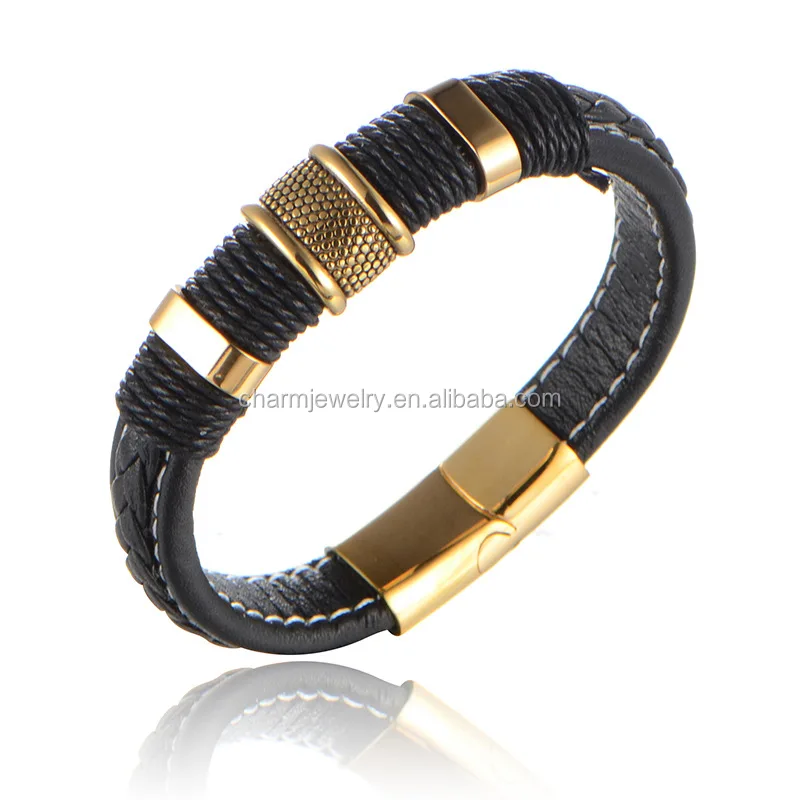 Gold And Silver Color Leather Bracelet With Clasp Men's Bracelet Wholesale Zpsl001