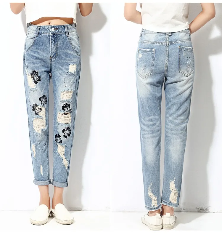 2017 Ladies Jeans Top Design Rose Pattern Ripped Denim Harem Pants ...
