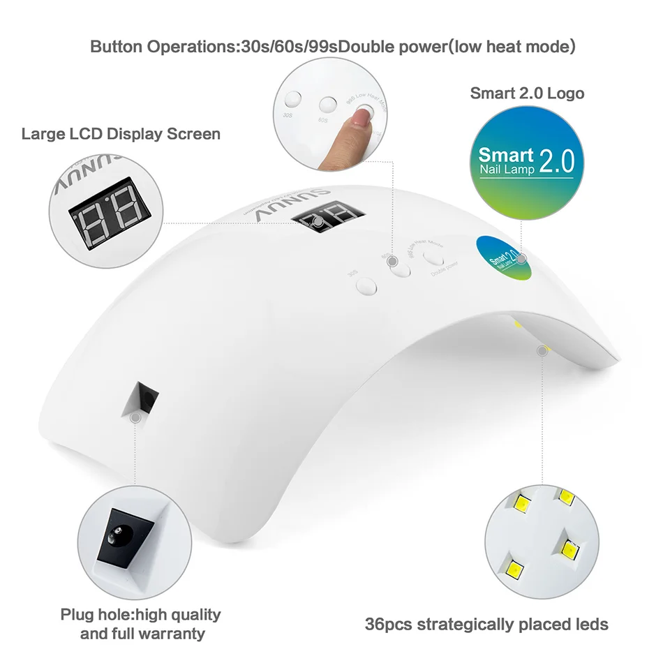 SUNUV SUN8 UV LED Nail Lamp 48W Nail Gel Dryer 30s 60s Timer 90s Low Heat Mode Curing UV LED Gels Nail Polish Art Tools