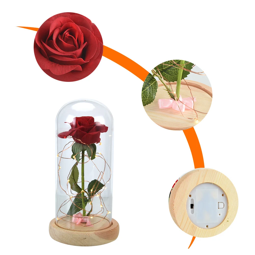 2018 New Products Red rose gifts Red Roses Flower with Led Lights in Glass Dome